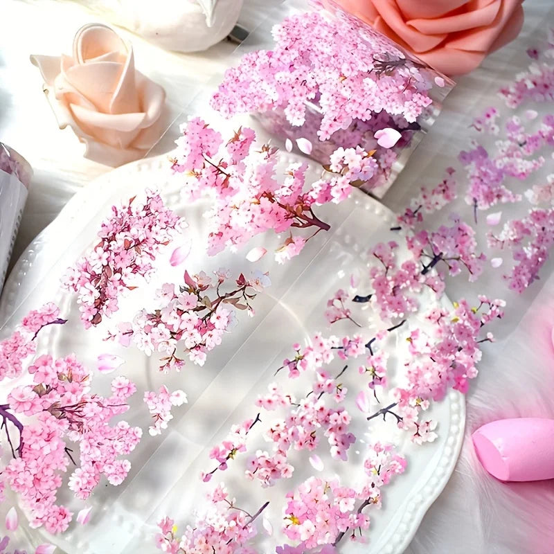 2 Meter Sakura PET Decorative Tape Pink Flower Transparent Washi Tape Waterproof Five Point Five Cm Wide