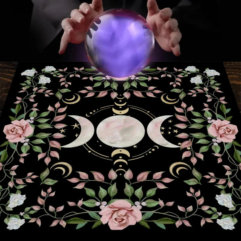 Altar Cloth For Tarot Card Readings Triple Moon Flower And Plant Gothic Mystic Design