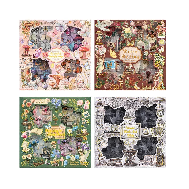 Journamm 100pcs/pack Vintage Decor Sticker Gift Box Set Waterproof PET