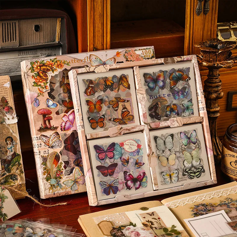 100 Pieces Large Box Stickers Vintage Butterfly Flowers Plant Decorative for Crafts and Scrapbooking