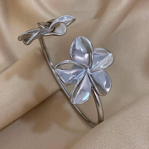 Greatera Stainless Steel Double Flower Cuff Bracelet Bangle for Women