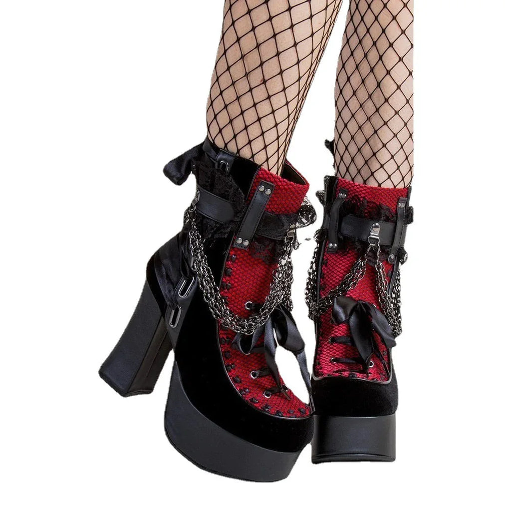 Gothic Style Chain Lace Up Bow Women Short Boots Retro Round Toe