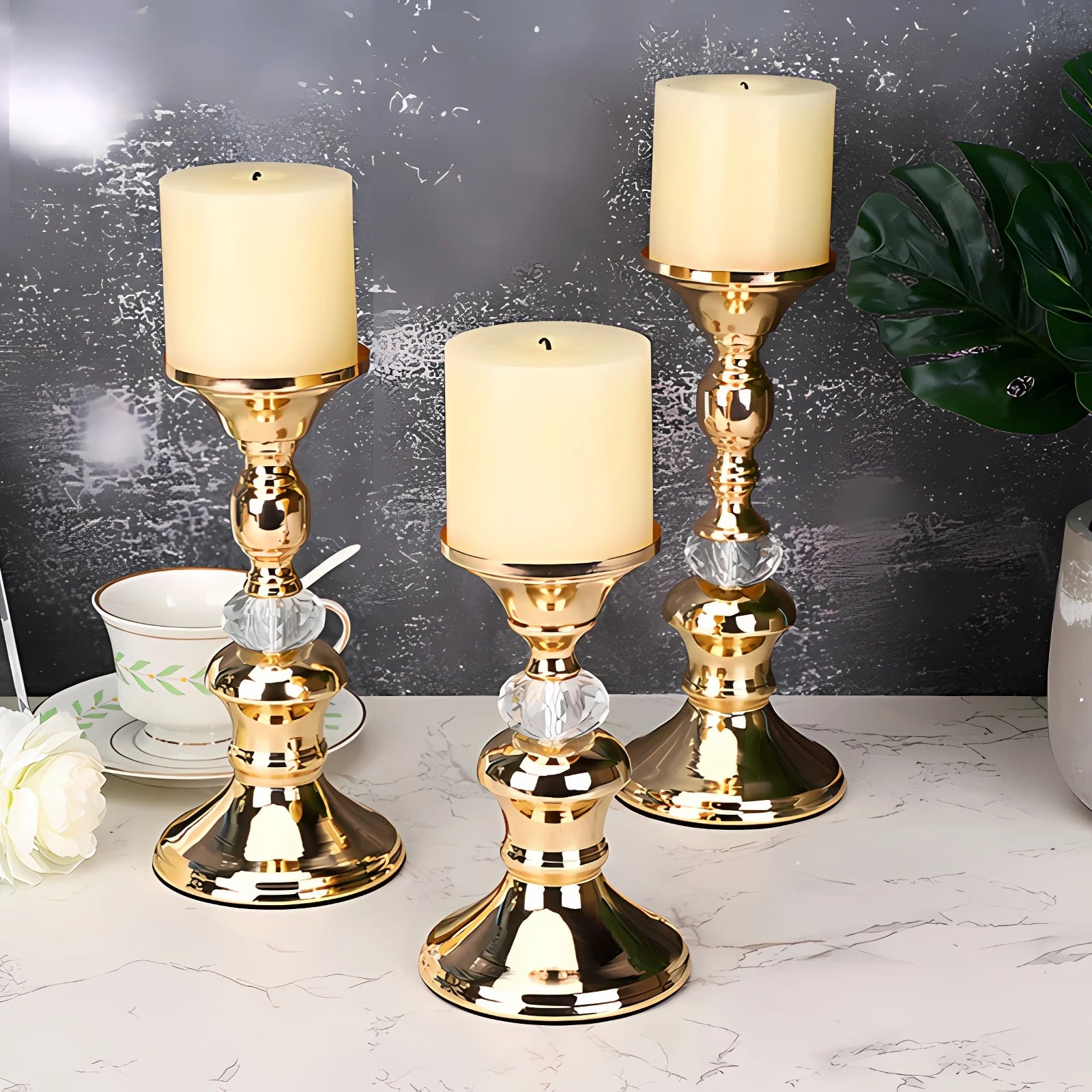 Gold Metal Pillar Candlestick Holders Vintage Pillar Candle Holders