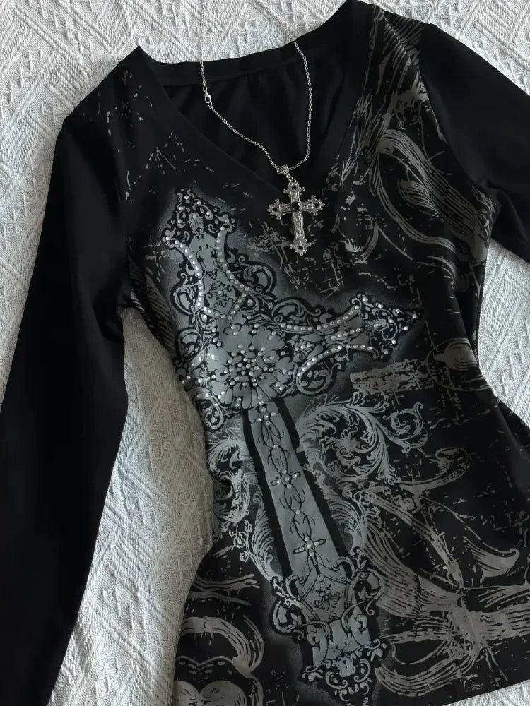 HOUZHOU Vintage Gothic T-shirts Women Y2k Black Punk Graphic T-shirt