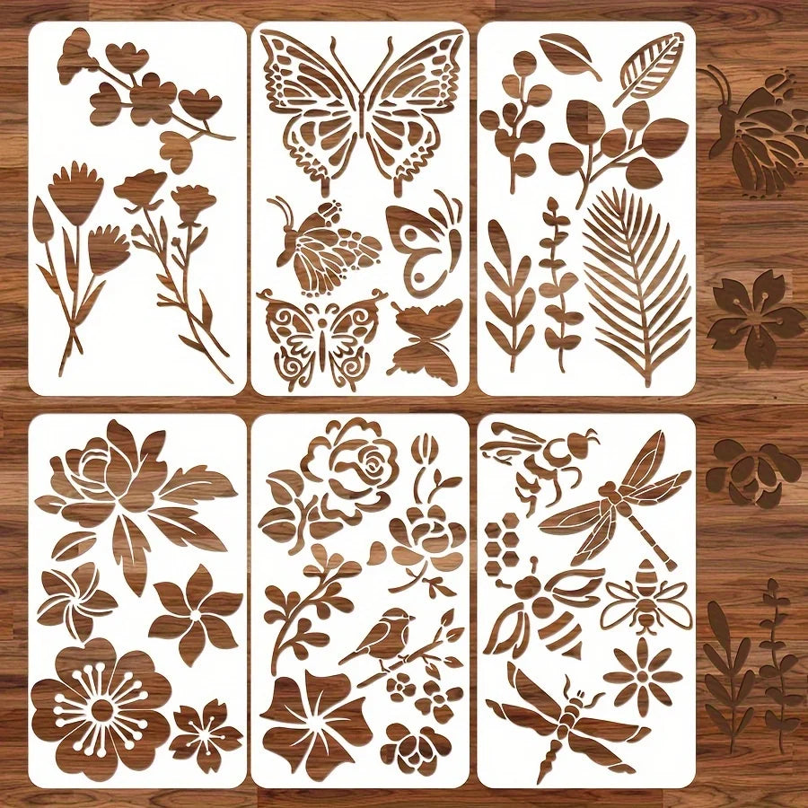 Enchanted Gothic Butterfly Flower Leaf Stencil Set Of 6 Reusable Plastic 3.15x5.5 Inch For DIY