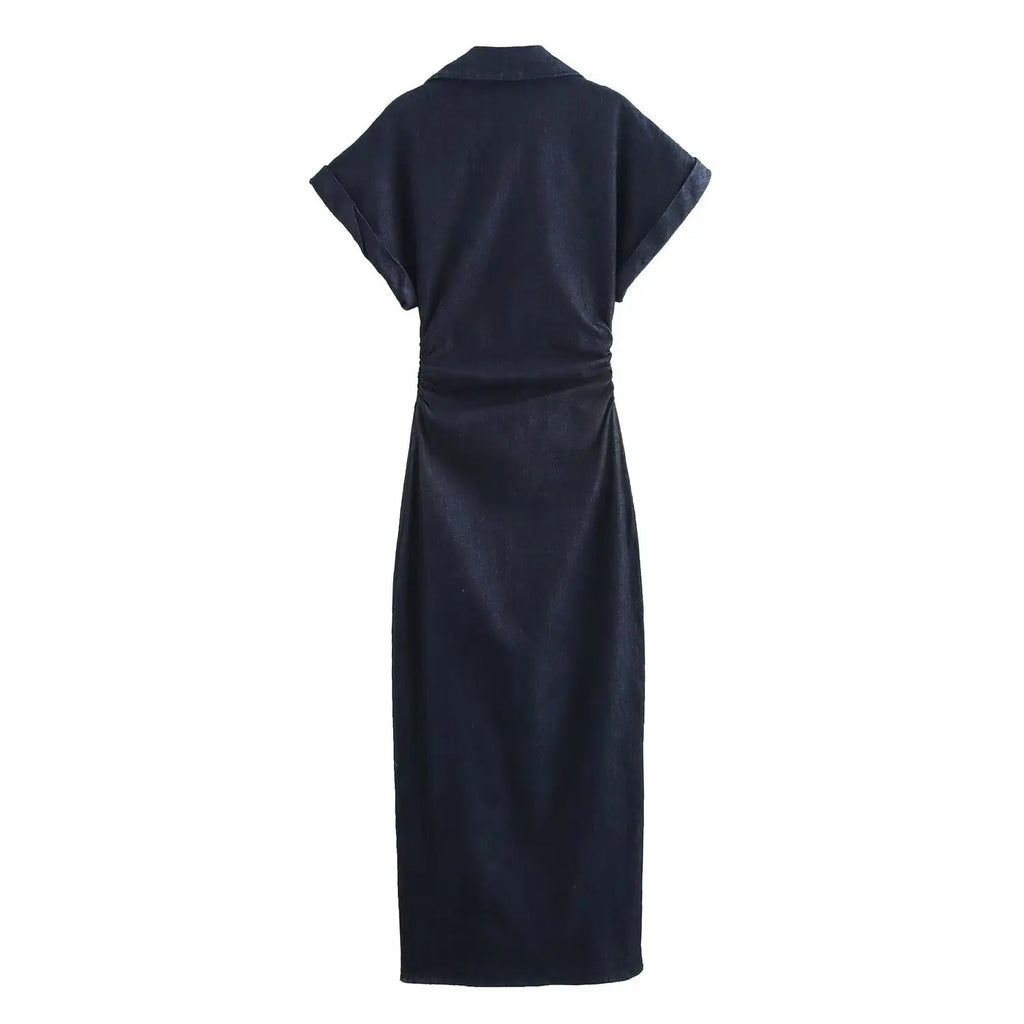 ETJ 2025 traf Spring New 1975 series denim MIDI dress with lapel side