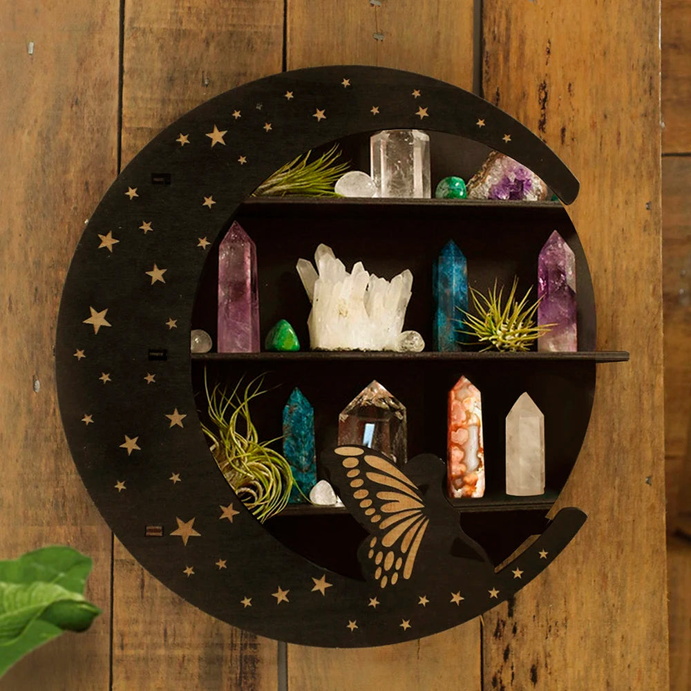 Shelf for Crystal Display Multi Layered Wooden Stand Moon Butterfly