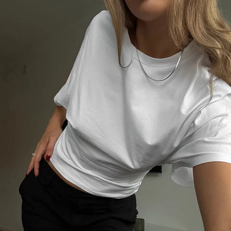 Spring Summer New Crop Tops Fashion Women Half Sleeve O-Neck Oversized