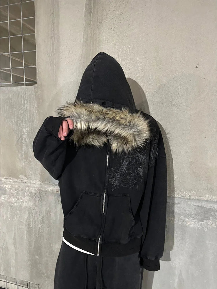 Harajuku Inspired Faux Fur Collar Hoodie For Women Cozy Streetwear Warmth With Moonlit Autumn Winter Y2K Vibe