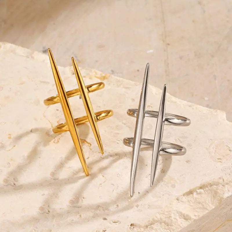 Vintage 18K Gold Plated Stainless Steel Parallel Double Line Hollowed