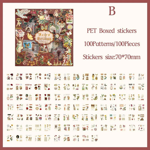 Journamm 100pcs/pack Vintage Decor Sticker Gift Box Set Waterproof PET