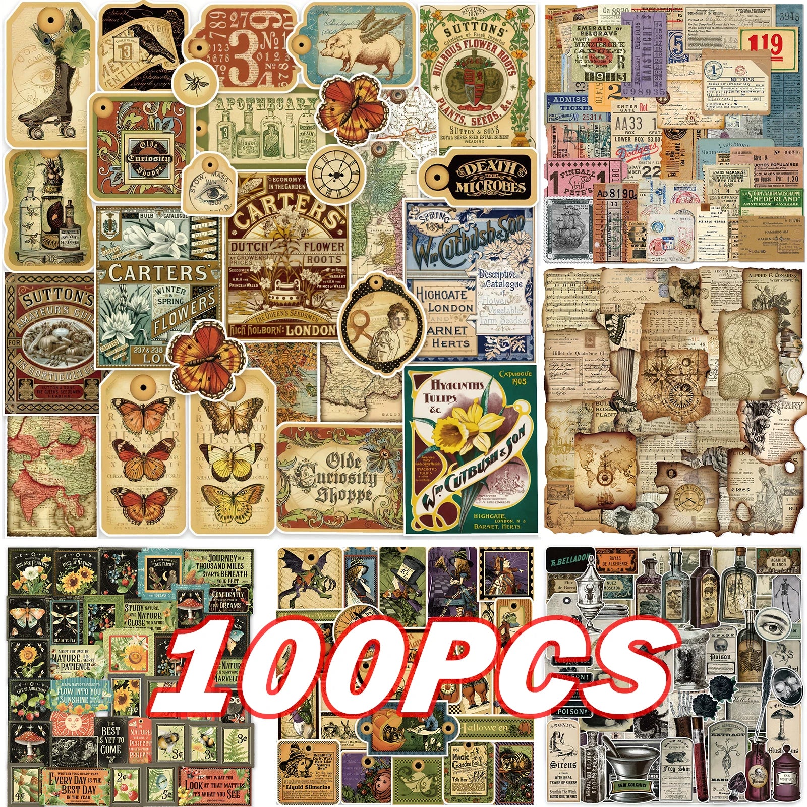 100 Pcs Vintage Aesthetic Stickers Plant Map Theme For Water Bottles Journal Scrapbook Decor