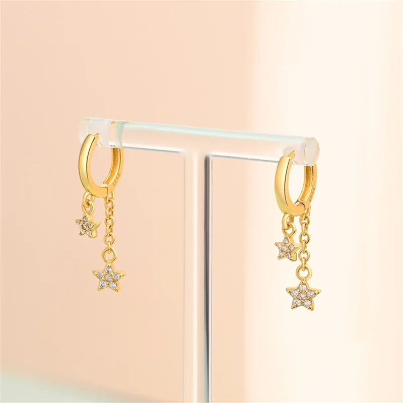 Classic Earrings 925 Silver Stars Moons Pearls Bees Golden Hoop