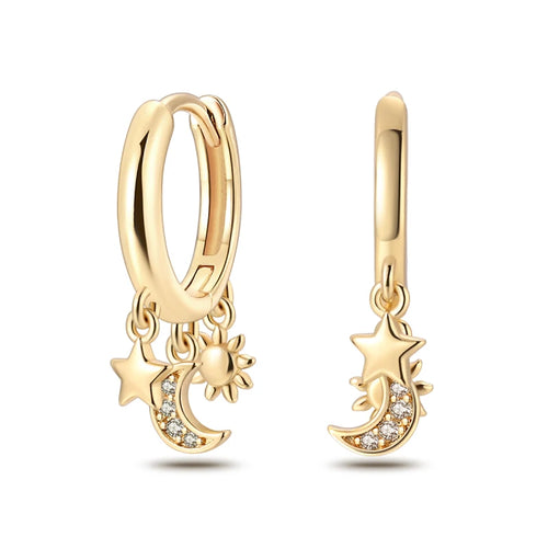 Classic Earrings 925 Silver Stars Moons Pearls Bees Golden Hoop