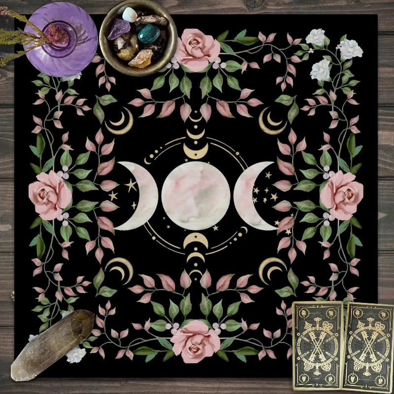 Altar Cloth For Tarot Card Readings Triple Moon Flower And Plant Gothic Mystic Design