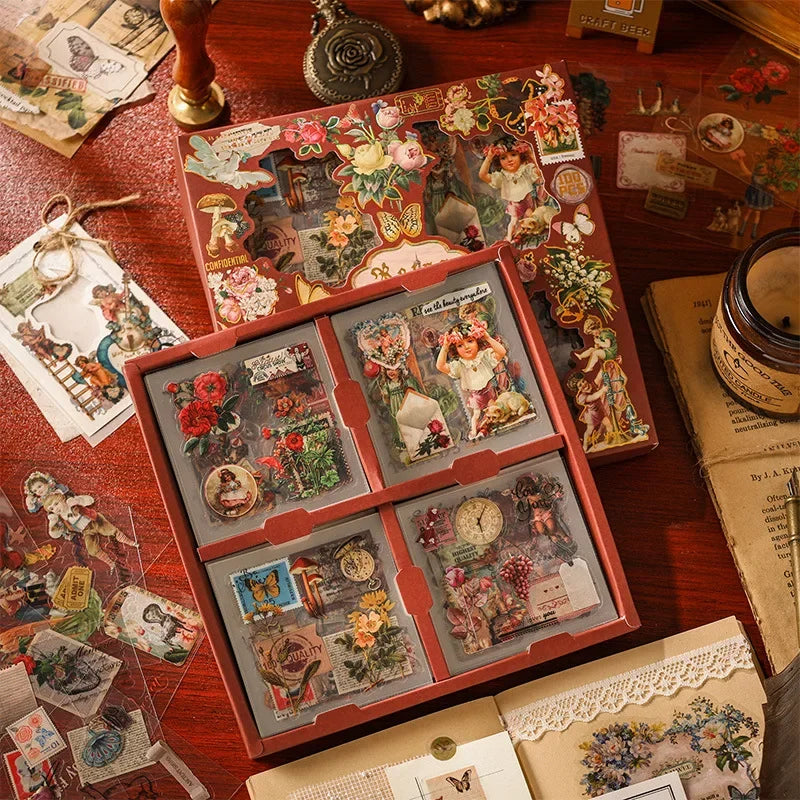 Journamm 100pcs/pack Vintage Decor Sticker Gift Box Set Waterproof PET