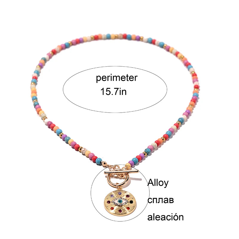 4mm Colorful Stone Choker Necklace for Women Round Evil Charm Pendant