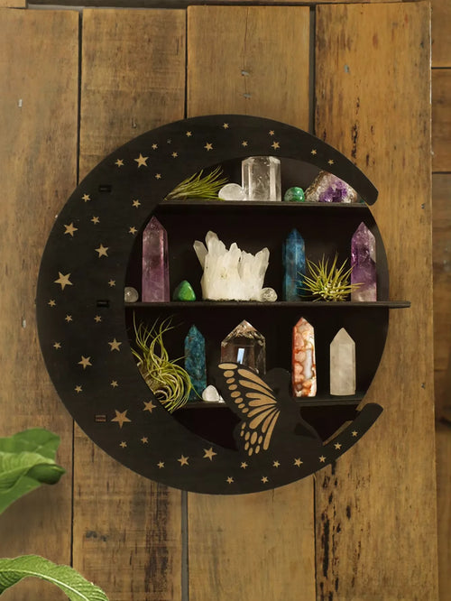 Shelf for Crystal Display Multi Layered Wooden Stand Moon Butterfly