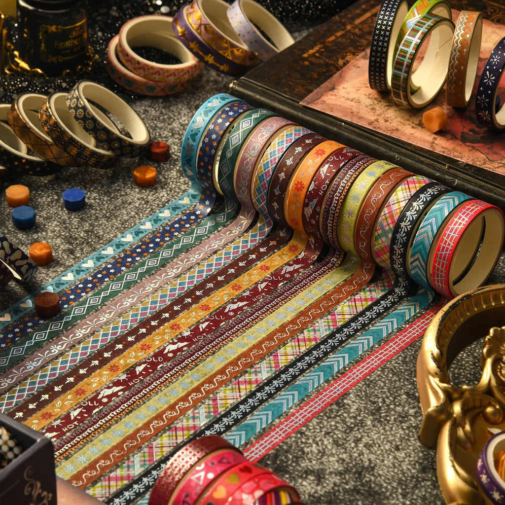 36 Rolls Slim Golden Foiled Washi Tapes Set 7mm Skinny Masking Tapes Each Roll 200cm