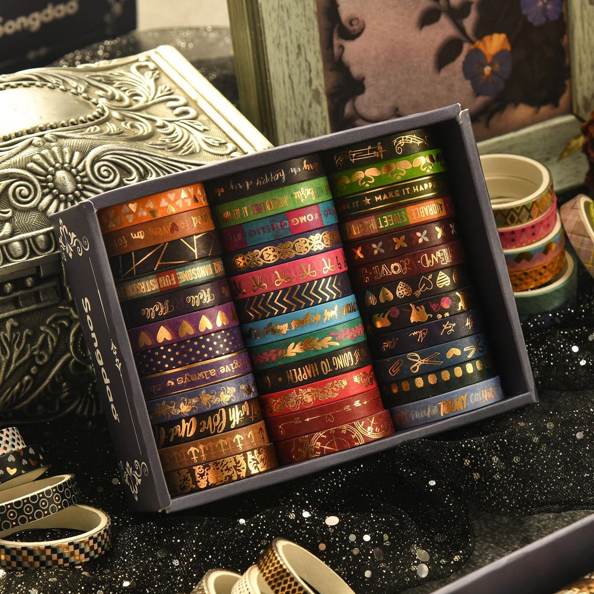 36 Rolls Slim Golden Foiled Washi Tapes Set 7mm Skinny Masking Tapes Each Roll 200cm