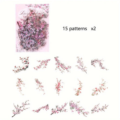 30 Piece Pack Vintage Plant Flowers PET Waterproof Stickers For DIY Crafts Scrapbooking