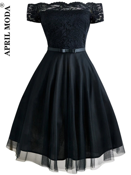 Women Vintage Lace Dress Formal Red Black Green Slash Neck Tulle Midi