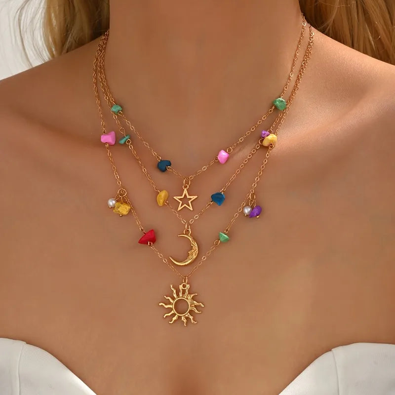 Bohemian Multi-Layer Gold Color Celestial Pendant Necklace with