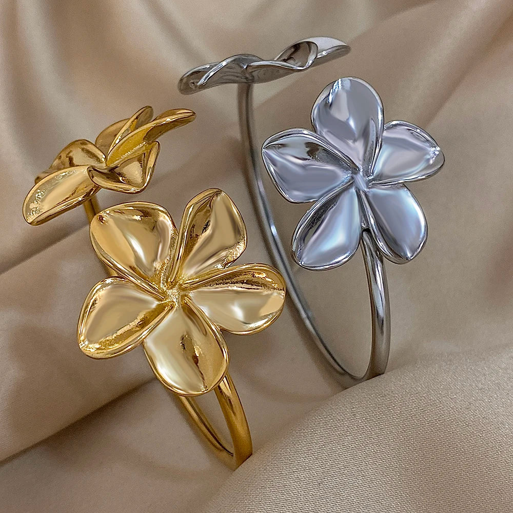 Greatera Stainless Steel Double Flower Cuff Bracelet Bangle for Women