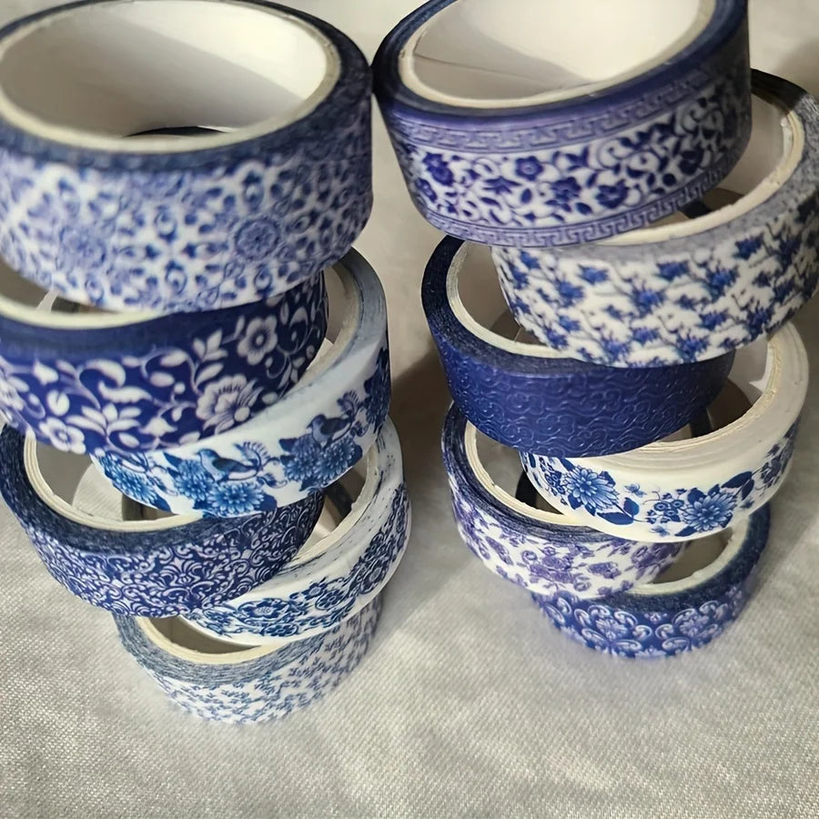 Blue & White Washi Tape Set; Pretty Chinoiserie Designs; 12 Rolls!