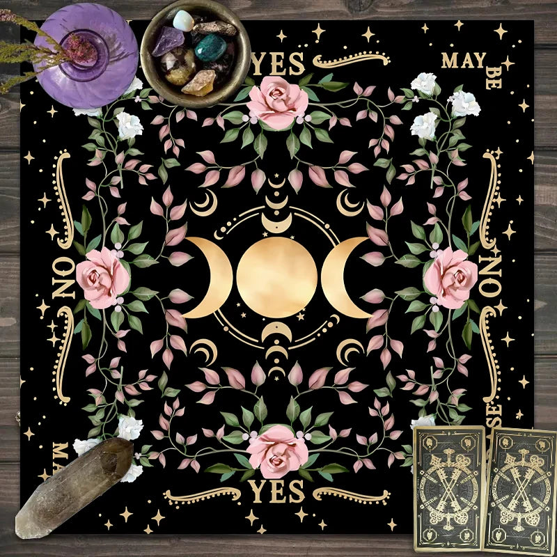 Altar Cloth For Tarot Card Readings Triple Moon Flower And Plant Gothic Mystic Design