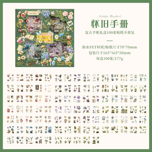 100 Pieces Large Box Stickers Vintage Butterfly Flowers Plant Decorative for Crafts and Scrapbooking