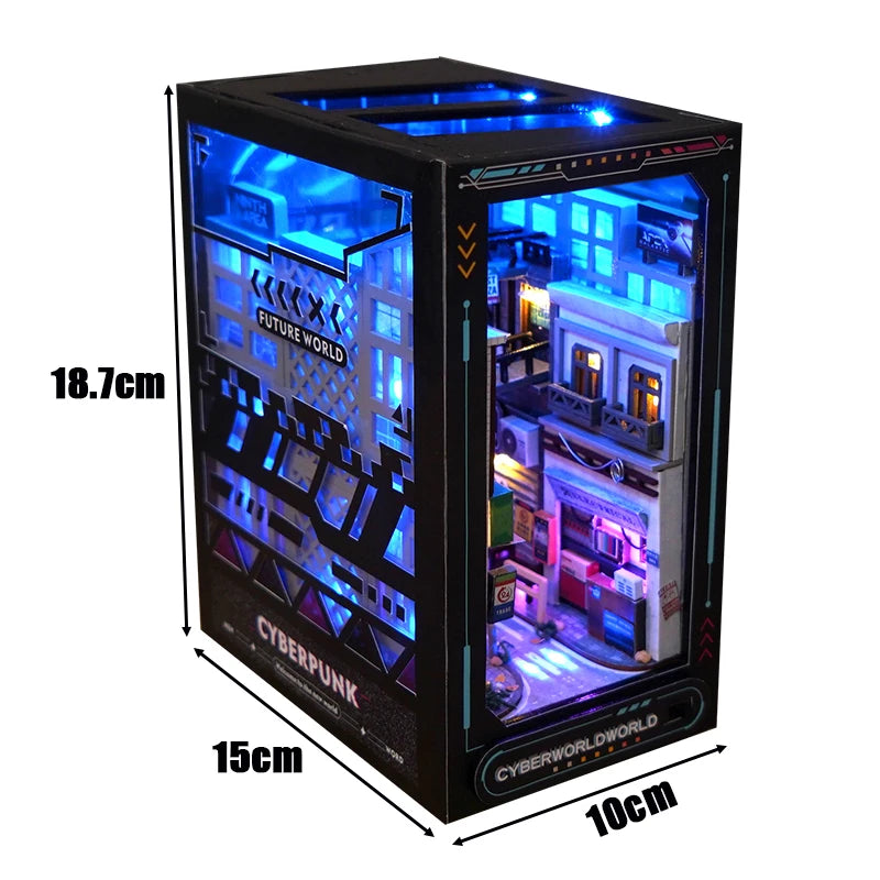 DIY Wooden Book Nook Shelf Insert Miniature Building Kits Cyberrpunk