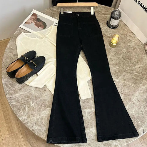New High Waist Trousers Loose Washed Jeans Pockets Slim Denim Flare