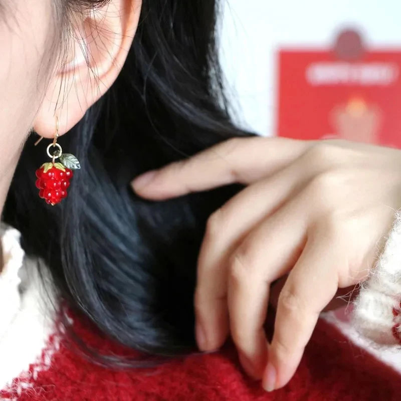 Korean Red Raspberry Long Drop Hook Earrings For Women Sweet Fruit