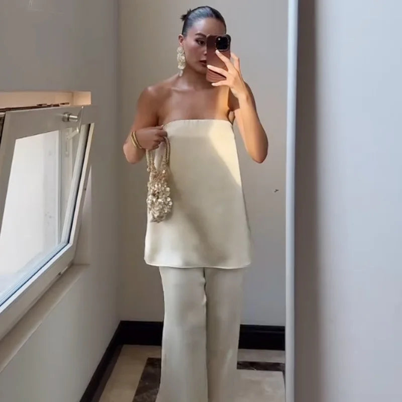 HXAO Satin Pant Sets Women's Two Pieces Set Strapless Off Shoulder