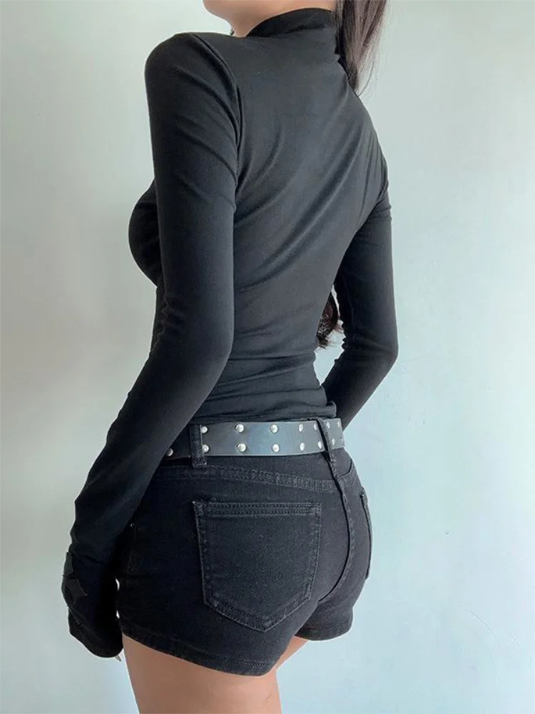 Turtleneck Top Y2k Clothes Black Gothic Cross Hollow Slimming Bottom T