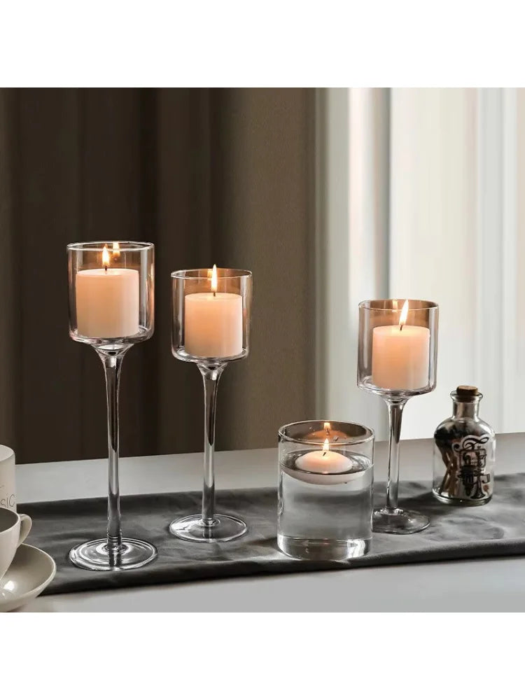Set Of 3 Modern Light Luxury Glass Candle Holders With High Foot Design For Wedding Decor