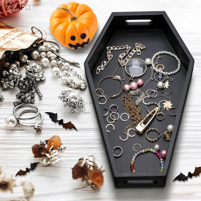 〔ZYAF〕Black Wooden Tray Gothic Coffin Shape Home Storage Box Tray
