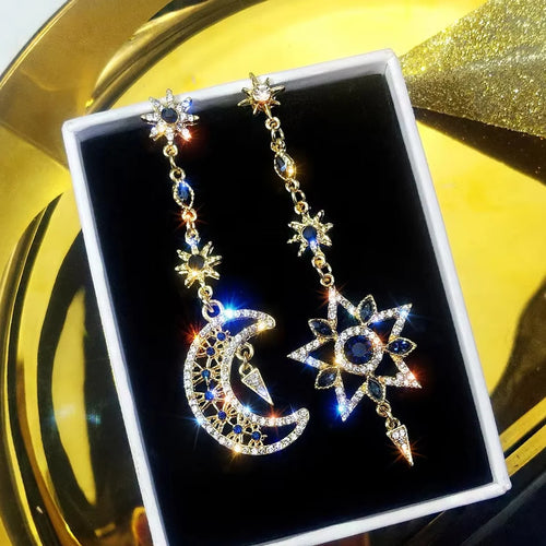 Elegant Silver Color Asymmetric Star Moon Earrings Long Statement