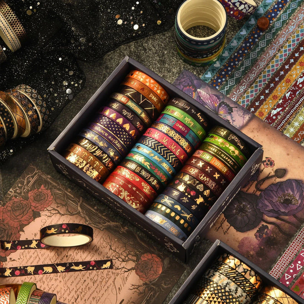 36 Rolls Slim Golden Foiled Washi Tapes Set 7mm Skinny Masking Tapes Each Roll 200cm