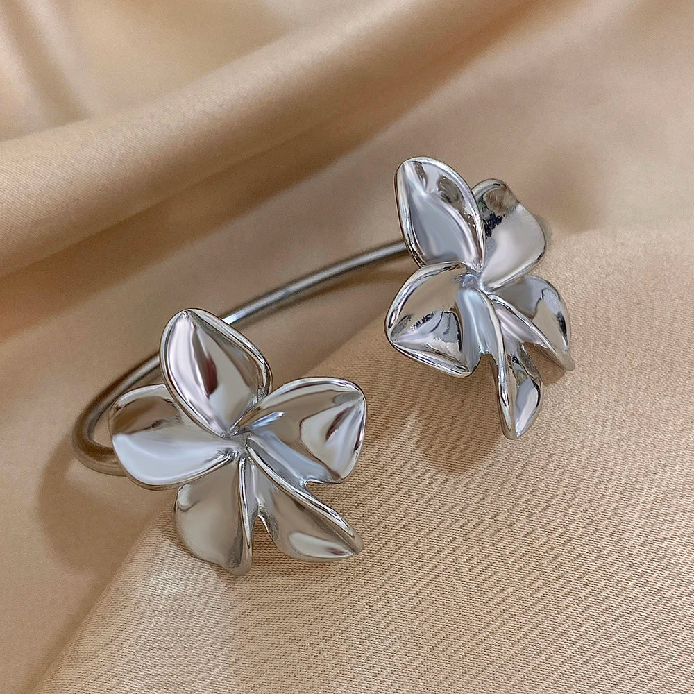 Greatera Stainless Steel Double Flower Cuff Bracelet Bangle for Women