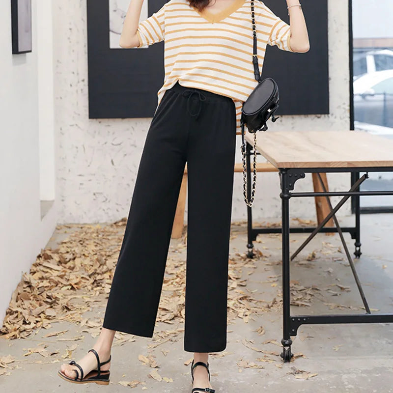 Women Ankle-Length Wide Leg Pants Casual Summer Solid Elastic Waist