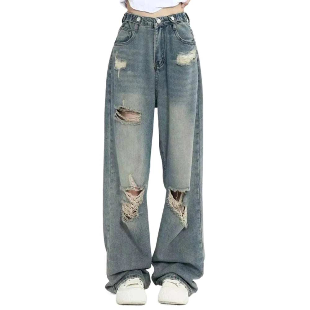 American Vintage Hole Y2k Women Jeans High Waist Jeans Wide Leg Baggy