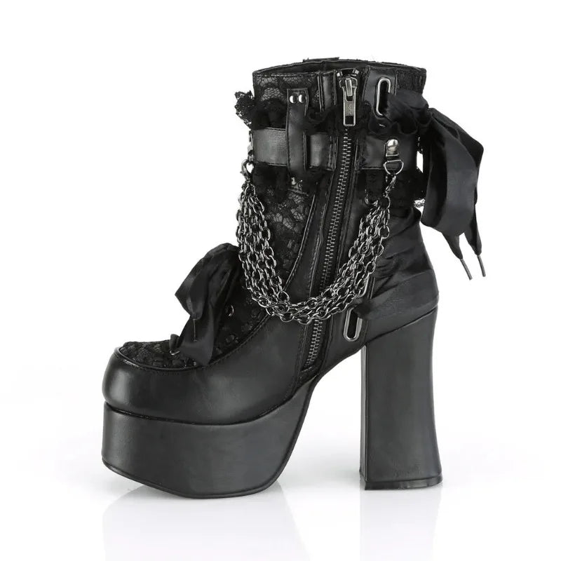 Gothic Style Chain Lace Up Bow Women Short Boots Retro Round Toe