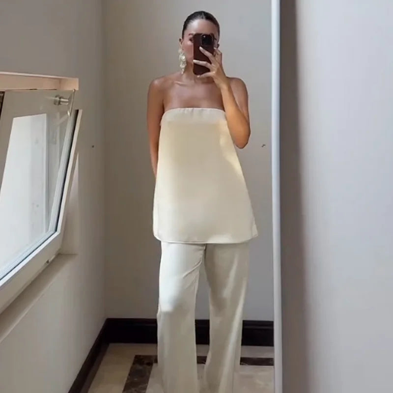 HXAO Satin Pant Sets Women's Two Pieces Set Strapless Off Shoulder