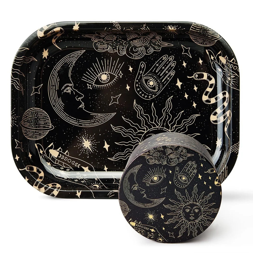 1/2 Piece Moon and Star Metal Rolling Tray and Herb Grinder