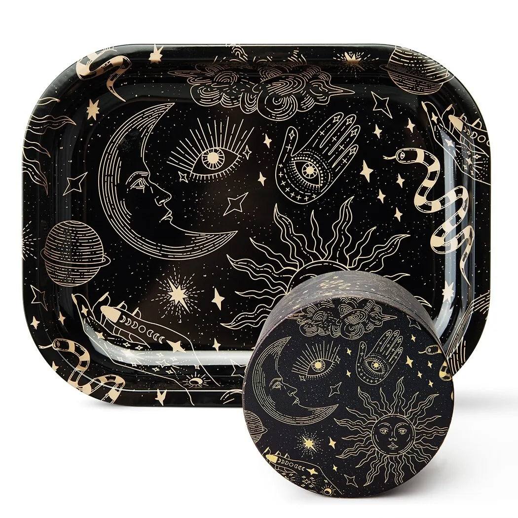 1/2 Piece Moon and Star Metal Rolling Tray and Herb Grinder