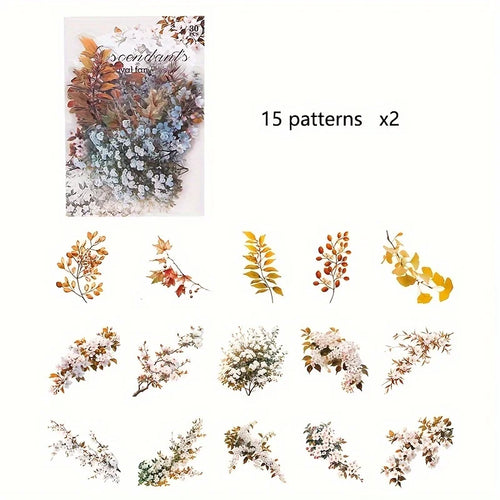 30 Piece Pack Vintage Plant Flowers PET Waterproof Stickers For DIY Crafts Scrapbooking