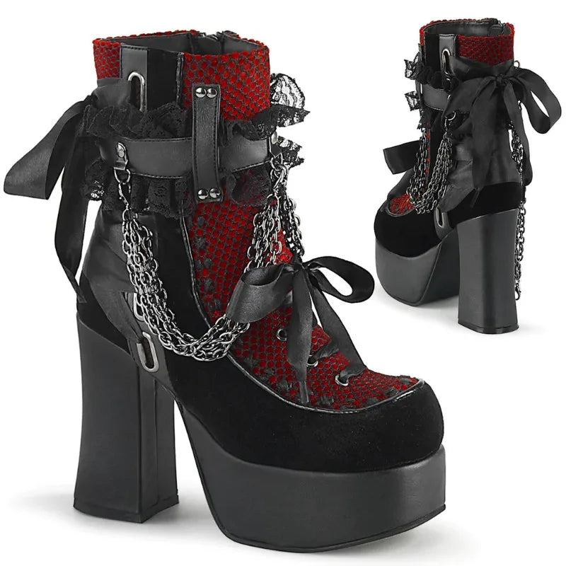 Gothic Style Chain Lace Up Bow Women Short Boots Retro Round Toe