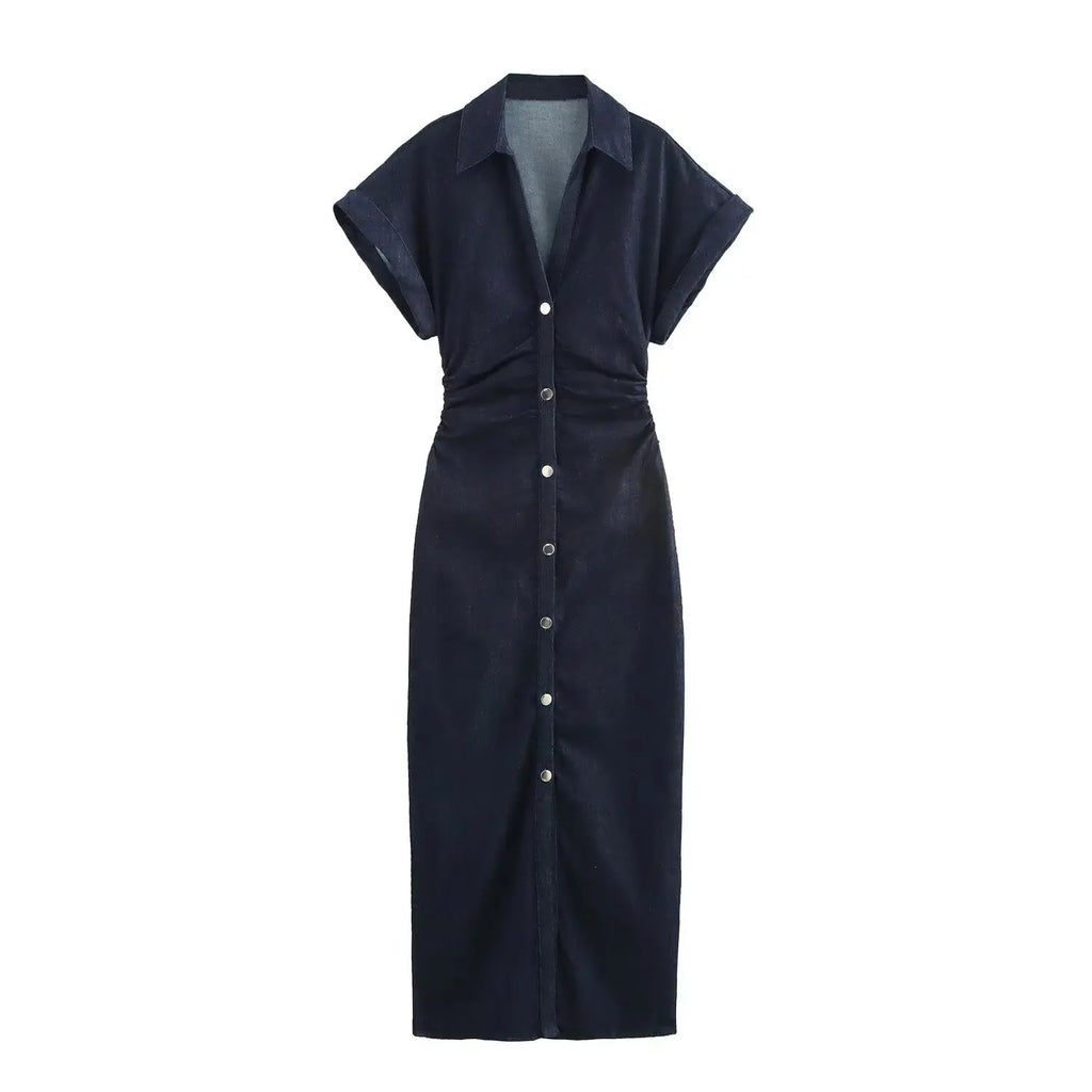 ETJ 2025 traf Spring New 1975 series denim MIDI dress with lapel side